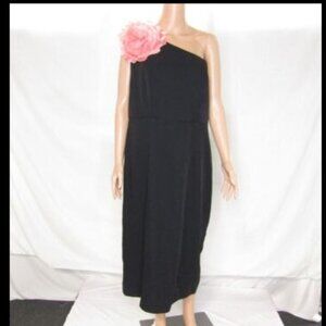 Mac Duggal Women’s Crepe One-Shoulder Midi Dress with Flower – Black – Size 14